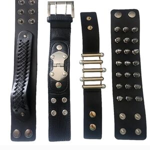 Men's Black Leather Type Studded Snap On Bracelets Set Lot Bundle Jewelry